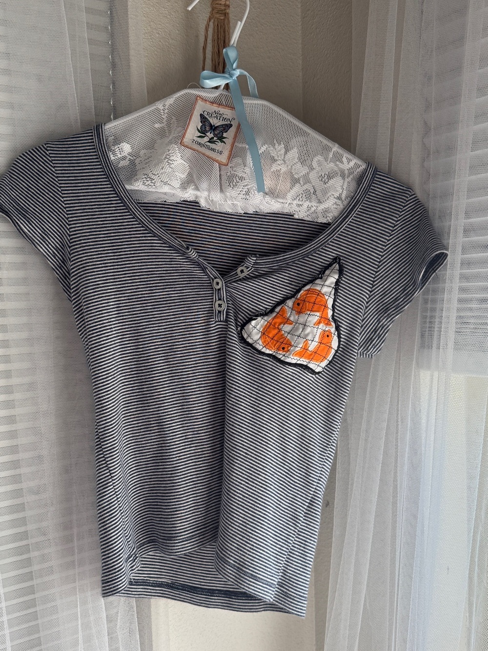 Brandy Melville Navy and White Striped Short Sleeve Tee with Orange Fish Patch